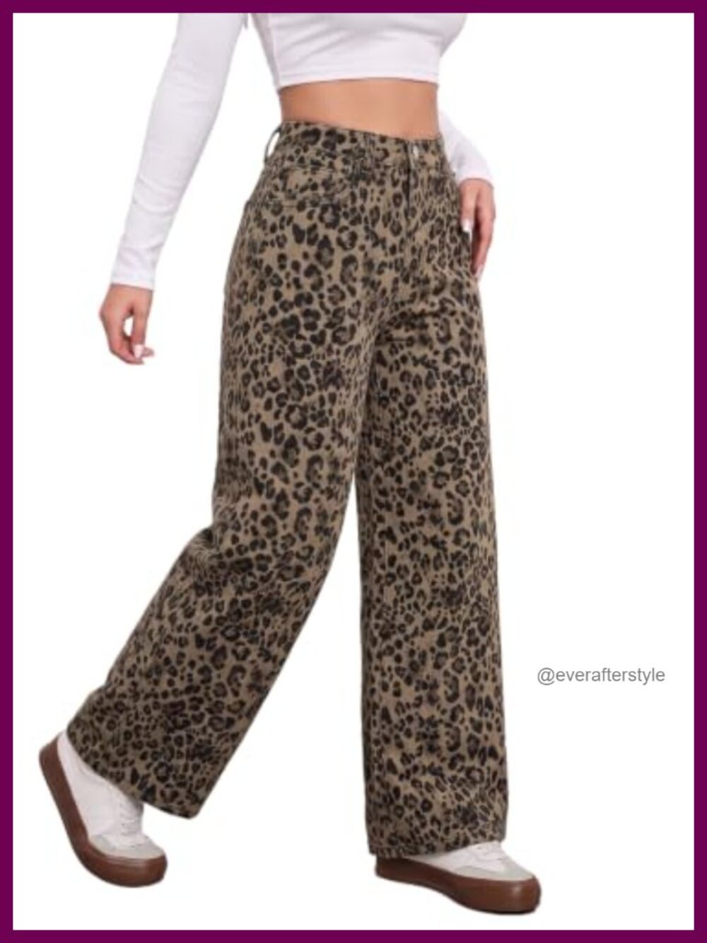 High Waisted Wide Leg Leopard Print Jeans Elastic Cotton Denim Pants